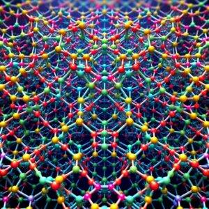 Graphical representation of Metal-Organic Frameworks (MOFs) at the molecular level. The image displays a highly structured, lattice-like arrangement of atoms and molecules in vibrant colors, showcasing different types of atoms. The MOFs structure appears intricate, symmetrical, and colorful, emphasizing its precision and potential in quantum applications.