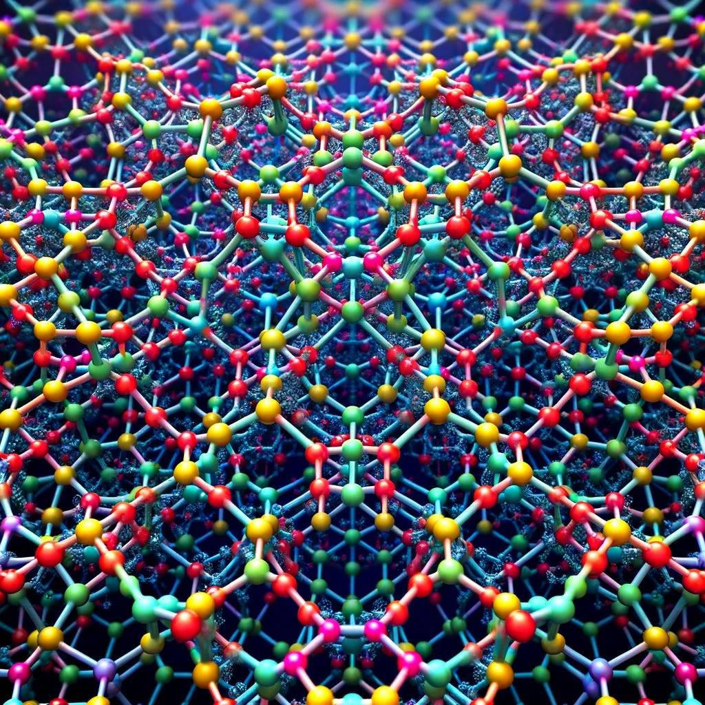 Graphical representation of Metal-Organic Frameworks (MOFs) at the molecular level. The image displays a highly structured, lattice-like arrangement of atoms and molecules in vibrant colors, showcasing different types of atoms. The MOFs structure appears intricate, symmetrical, and colorful, emphasizing its precision and potential in quantum applications.