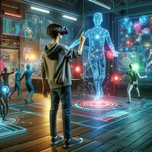 A teenager immersed in a futuristic virtual reality environment, interacting with 3D models of humans and objects. The room is filled with holographic projections and colorful, interactive screens showcasing dynamic animations and code, illustrating the advanced capabilities of InterDreamer in generating human-object interactions from text.
