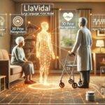 A visualization of LLAVIDAL, a Large Language Vision Model, working in a healthcare setting. The scene shows LLAVIDAL monitoring an elderly person, with the AI interface overlaying the real-world scene. The AI interface includes lines and nodes indicating 3D pose recognition and object tracking. The elderly person is interacting with various objects, such as a walker and medication, while the AI analyzes the scene to ensure safety and support. The setting is warm and comforting.