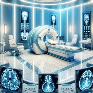 Digital illustration of a futuristic medical room with an MRI machine and high-tech monitors displaying 3D bone images. The room is sleek and modern with a well-lit ambiance, highlighting the cutting-edge medical imaging technology.