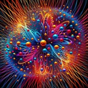 A vivid illustration of quantum particles in motion, depicted as a chaotic and colorful pattern. This image captures the essence of the complex behavior of particles as described in the Schrödinger-Kirchhoff equations. Swirls of vibrant colors intertwine, symbolizing the unpredictable and intricate movements of quantum particles. The dynamic and abstract nature of the image reflects the fundamental unpredictability and beauty inherent in quantum physics.