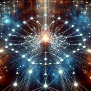 This conceptual illustration depicts the mesmerizing flow of information through a quantum neural network. Qubits are represented as glowing nodes, interconnected by beams of light that symbolize quantum entanglement and superposition. Set against a dark, space-like background, the image suggests the infinite possibilities and vast potential that quantum computing holds, inviting viewers to ponder the profound implications of this emerging technology.