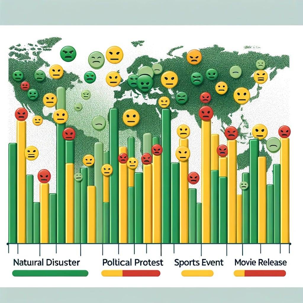 Bar chart displaying sentiment analysis results for various global events. The chart includes multiple bars representing ‘Natural Disaster’, ‘Political Protest’, ‘Sports Event’, and ‘Movie Release’, with sentiments categorized as positive (green bars), neutral (yellow bars), and negative (red bars). The height of each bar indicates the volume of tweets with each sentiment for the respective event.