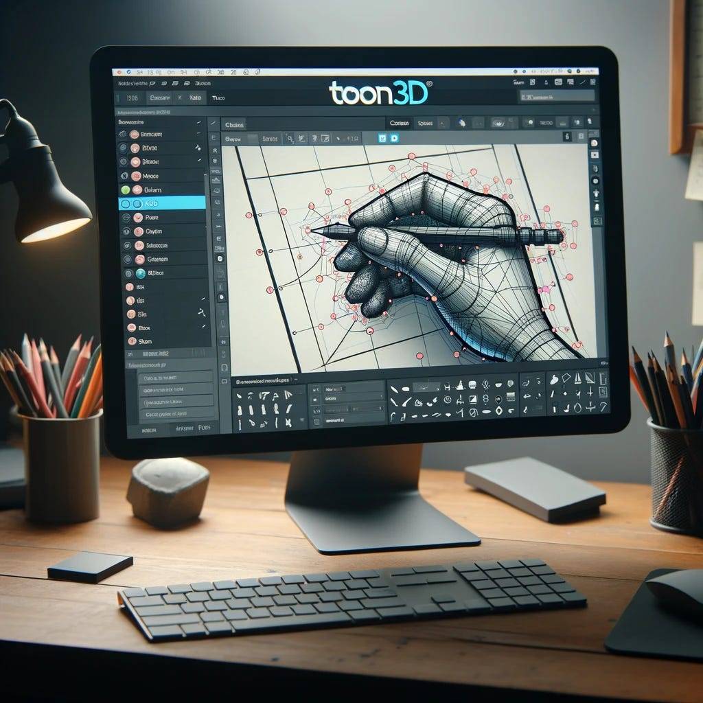 An artist’s workstation with a computer displaying Toon3D’s annotation tool. The screen shows a hand-drawn image with various points and segments labeled, highlighting the user-friendly interface and the process of converting 2D drawings to 3D models.