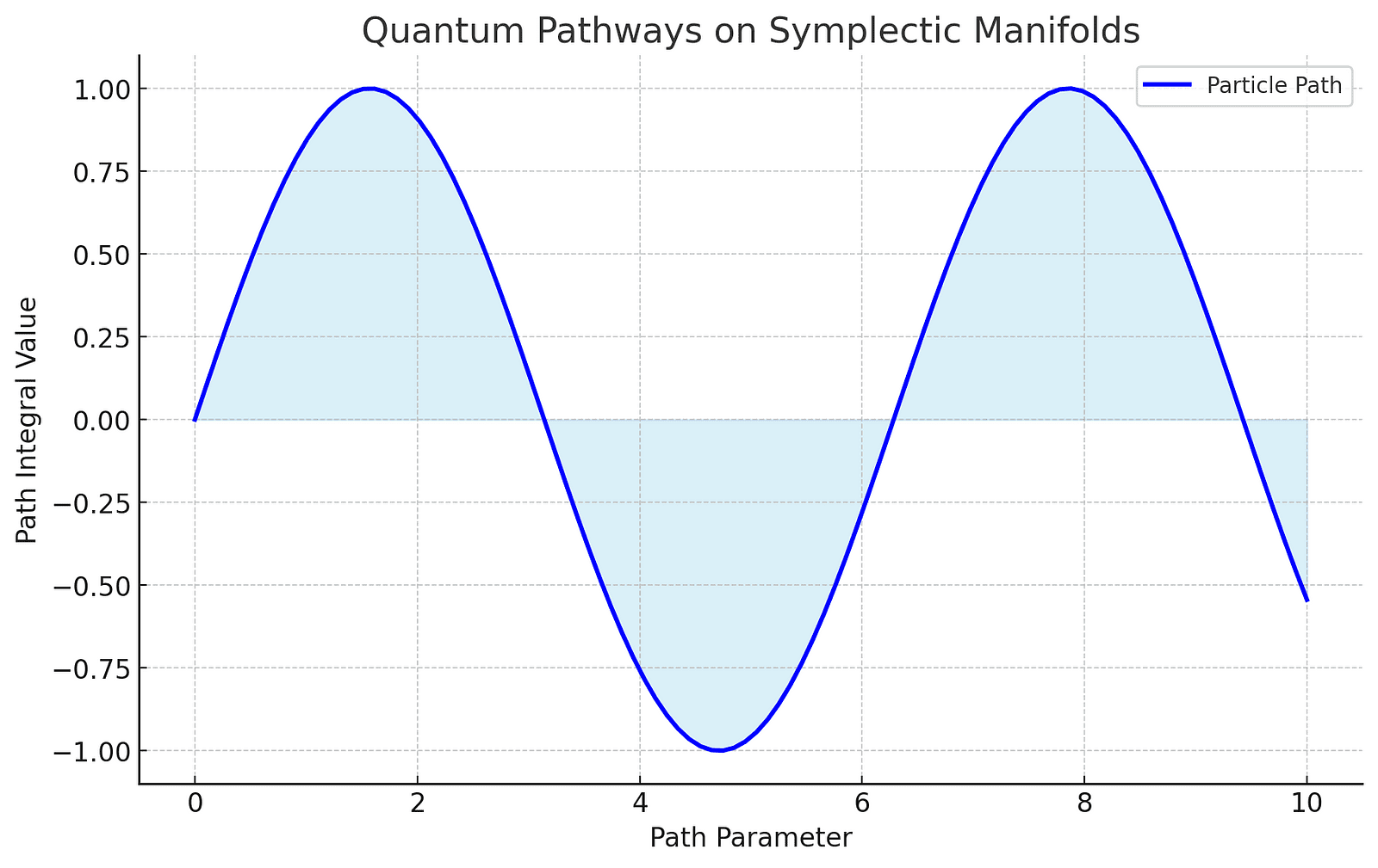 A line graph showing the sine wave representing possible particle paths on a symplectic manifold, with the area under the curve shaded to illustrate the concept of path integrals.