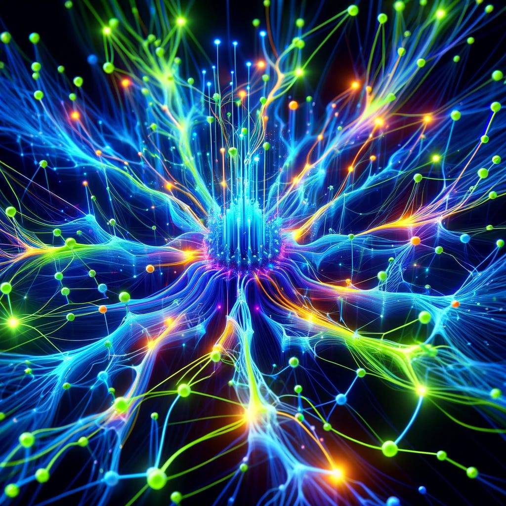 A vibrant representation of a neural network in action, with electric blue and neon green nodes pulsating and connecting. This image captures the dynamic and complex nature of data processing and learning in artificial neural networks.