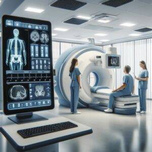 A hospital room equipped with advanced diagnostic tools enhanced by monocular depth estimation, featuring medical professionals analyzing a 3D scan on a large monitor. The room radiates with a sense of modern medical practice and precision.
