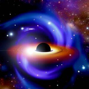 A visually striking image of a black hole centrally located, dramatically pulling in light and matter from surrounding stars. The scene is set against a backdrop of swirling galaxies and bright stars, showcasing the powerful gravitational effects of the black hole, with light bending around it in a surreal display of gravitational lensing.