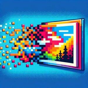 This image vividly illustrates the concept of pixelation. It begins with a clear, high-resolution picture on the left, smoothly transitioning into a pixelated, blocky image on the right, symbolizing the process of simplifying a detailed image.