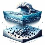 An illustration dividing the view into two parts: the upper half displays a macroscopic view of fluid dynamics like a wave, while the lower half shows a microscopic view with detailed molecular interactions, droplets, and gas particles, depicting the concept of the two-scale gas-liquid model.