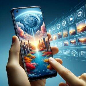 A close-up view of a smartphone held in a person’s hand, displaying a vibrant and detailed cityscape image. The high resolution of the image is evident, showcasing intricate details of buildings, streets, and the urban environment. The smartphone screen dominates the view, emphasizing the advanced image super-resolution capabilities.