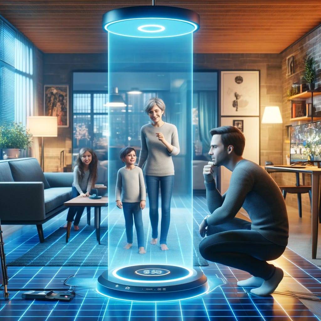 A futuristic home setting where a family interacts with a virtual representation of a distant relative through Tele-Aloha’s 3D telepresence system. The virtual relative appears lifelike on a screen, seamlessly integrated into the environment.