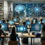 An illustration of a modern, futuristic classroom filled with students of various ethnicities and backgrounds. The students are engaged in learning about neural networks and physics, using state-of-the-art computer screens that display complex scientific data and diagrams. The classroom environment is technologically advanced, with sleek designs and interactive digital interfaces, reflecting an emphasis on science and technology education.