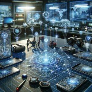 A detailed visual of GLACE technology at work, showing the intricate mapping and localization processes that power advanced applications. The scene includes various devices like smartphones, VR headsets, and drones, all interconnected by a network of glowing lines and nodes representing data and communication. The background features a high-tech lab environment with digital screens and holograms displaying complex data.