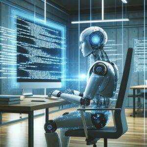 A futuristic AI robot, designed with advanced and intelligent features, is seated at a computer, deeply engaged in coding. The scene is set in a modern, high-tech office environment, characterized by sleek and minimalist design elements. Lines of code are projected in the air around the robot, symbolizing the integration of AI in the coding process and the innovative approach to programming.