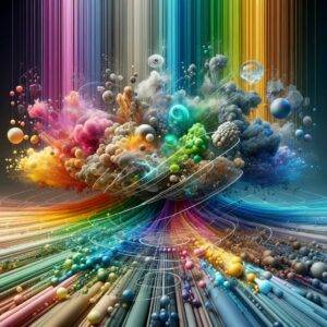 This image captures the essence of the various types of hydrogen energy in an abstract manner. Colors represent the diverse hydrogen types — pink, green, blue, gold, gray, brown, and yellow, each swirling and blending into one another, symbolizing the dynamic interplay of energy, environment, and technology. The colors form an interconnected spectrum, flowing seamlessly across the canvas, conveying a sense of harmony and balance.