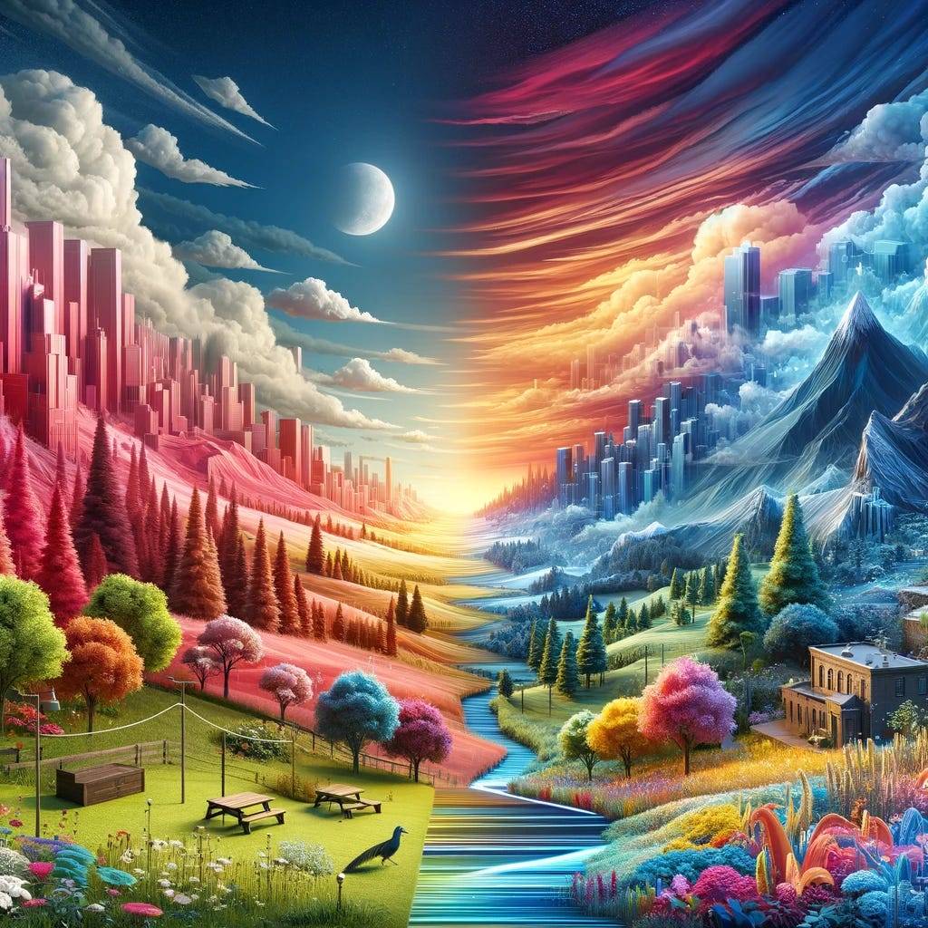 A vibrant digital landscape showcasing the transformation from 2D images into 3D models across various environments. The left side starts with flat photographs that progressively evolve into rich, textured 3D landscapes on the right, highlighting urban, natural, and fantastical scenes in a spectrum of colors.