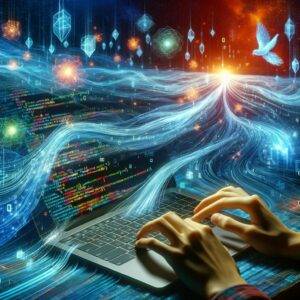 A digital painting captures the hands of a young programmer typing on a laptop, with dynamic streams of colorful code flowing from the screen and transforming into an elaborate landscape of digital structures. The vivid scene conveys a sense of energy and boundless potential, symbolizing the creative power of coding to build virtual worlds.