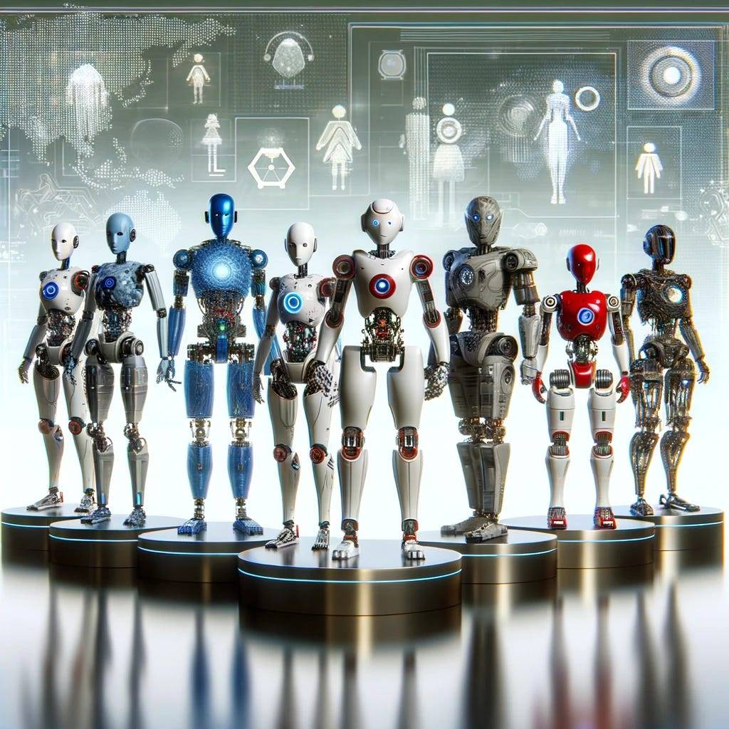 This image showcases a group of uniquely designed robots standing together on a futuristic platform, each robot distinct in appearance and implied function. This assembly of robots represents the diversity among Large Language Models (LLMs) working as an ensemble. The setting is a digital landscape, filled with abstract representations of data and connectivity, highlighting the theme of advanced technological collaboration and the collective intelligence of machines.