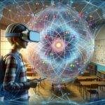 This illustration creatively shows the Ising Model as a 3D virtual reality simulation. A person, wearing VR goggles, is immersed in a simulated quantum world depicted by a grid of interconnected nodes and colorful lines, representing particle interactions in the quantum realm. The nodes glow, indicating the dynamic nature of the model, while the background features a room with scientific posters, highlighting the educational setting.