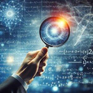 A magnifying glass held by a detective is focused on a complex mathematical equation, set against a backdrop of abstract numbers and formulas.