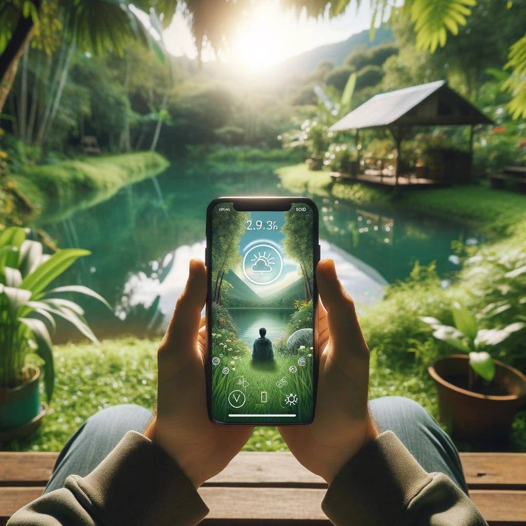 A person is seated in a lush, green garden, interacting with a smartphone displaying a digital detox app. The screen shows a tranquil nature scene, symbolizing a break from digital overload. The garden setting, with its vibrant greenery and peaceful ambiance, contrasts with the technology in the person’s hands, illustrating a harmony between nature and digital life.