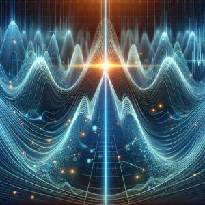 A digital illustration depicting the concept of ‘squeezed’ light. The image shows a wave of light starting wide and chaotic, then gradually narrowing and becoming more orderly and precise. The transformation symbolizes the squeezing process, where quantum noise is reduced, resulting in a more controlled and precise light wave. The background is futuristic and scientific, with abstract elements that evoke a sense of advanced quantum research.