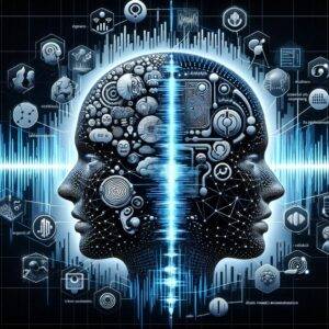 A futuristic and abstract representation of the ‘DualTalker’ technology concept, featuring vibrant and abstract 3D faces with various expressions, intertwined with symbolic audio waves and digital lines, illustrating the advanced integration of audio and visual data in 3D facial animation.
