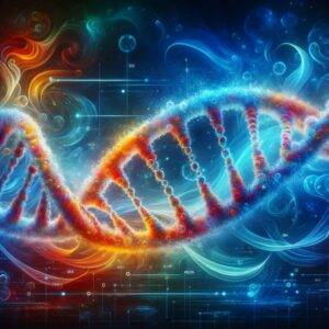 A vibrant digital illustration of a DNA double helix, set against an abstract, colorful background. The helix twists elegantly, composed of bright, glowing colors that highlight the intricate and beautiful structure of genetic information. The abstract background adds a sense of depth and mystery, emphasizing the complexity and wonder of DNA.