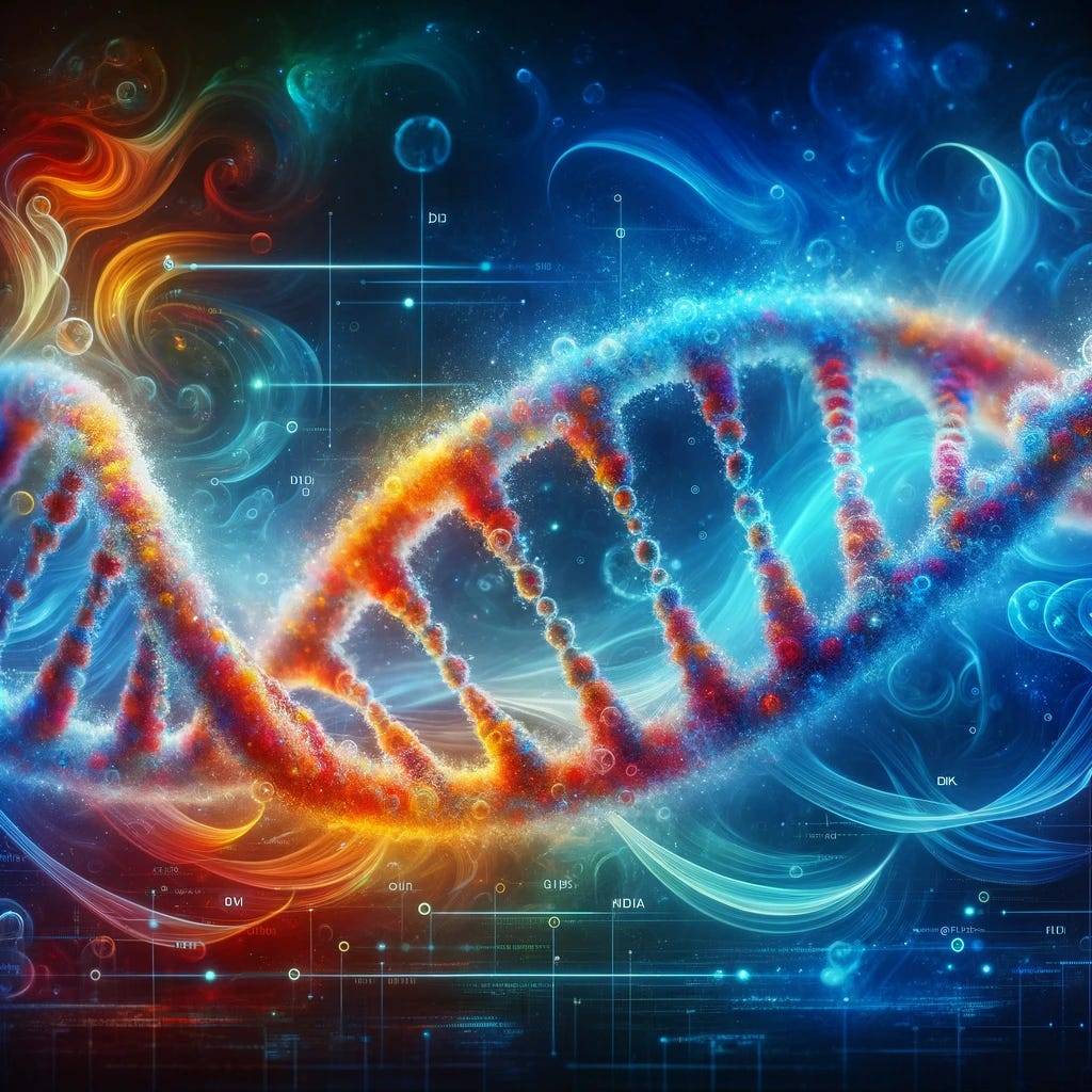 A vibrant digital illustration of a DNA double helix, set against an abstract, colorful background. The helix twists elegantly, composed of bright, glowing colors that highlight the intricate and beautiful structure of genetic information. The abstract background adds a sense of depth and mystery, emphasizing the complexity and wonder of DNA.