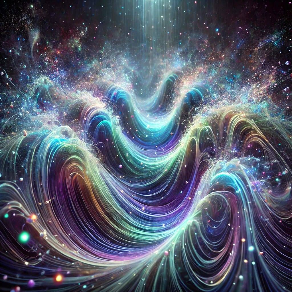 A visually stunning representation of quantum turbulence in a Bose-Einstein condensate. The image features a swirling, ethereal vortex of particles in a dark, space-like background, with vibrant colors such as blues, purples, and greens highlighting the energy flux and turbulent cascades. The particles and waves appear to be in constant motion, creating a sense of dynamic chaos and beauty. This visualizes the complex interactions and hidden laws within the condensate, showing how order emerges.