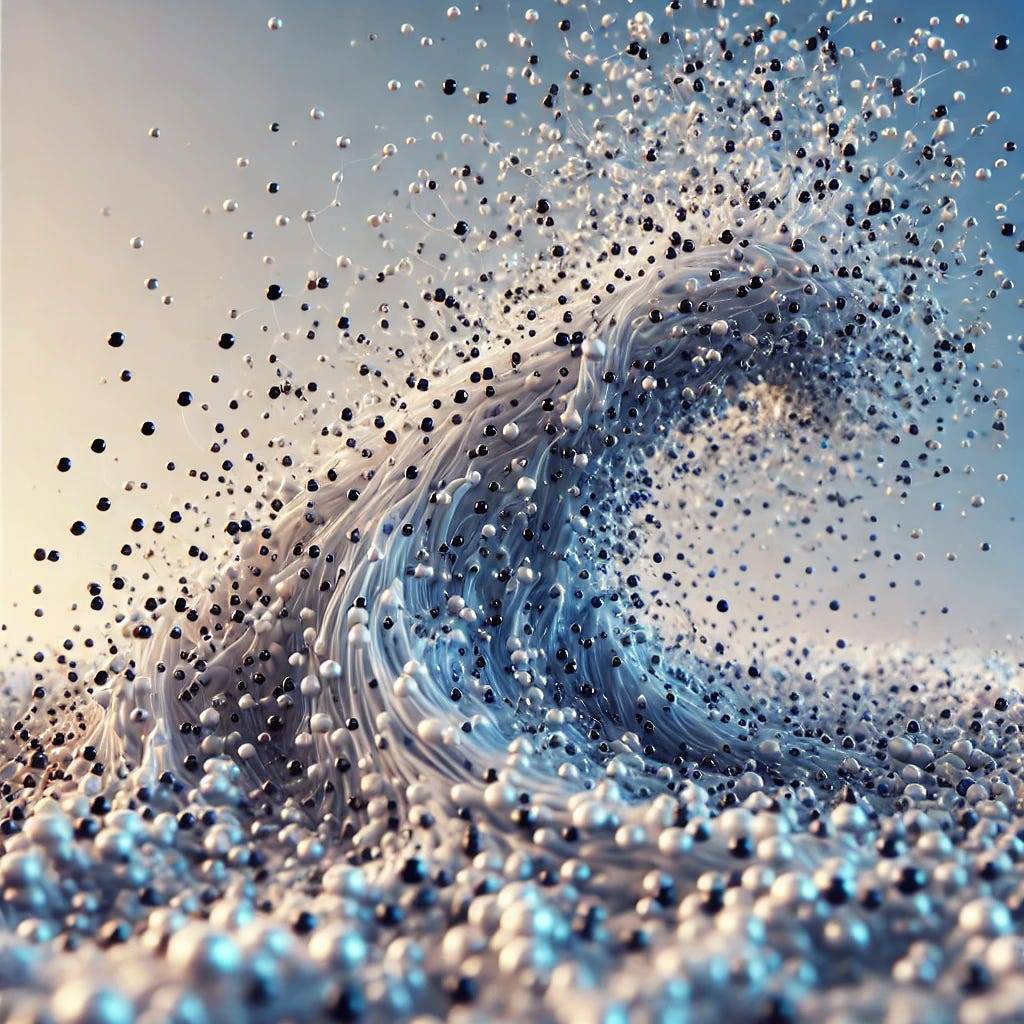 An image depicting the concept of Brownian motion, with particles suspended in a fluid moving erratically in different directions. The background is a soft gradient of blue and white, representing the fluid medium. The particles’ dynamic and chaotic movement highlights the randomness and microscopic world of Brownian motion, emphasizing its scientific and mathematical intrigue.