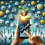 This image is a vibrant portrayal of the concept of automated investment apps. It shows a smartphone screen with a user-friendly investment app interface at the forefront, flanked by symbols of financial growth such as ascending graphs and shimmering coins. The background is filled with a diverse array of people from different backgrounds, each engaged with their own phone, symbolizing the broad reach and democratizing effect of investing technology.