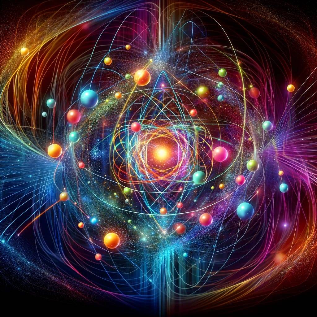 Colorful illustration showing abstract quantum particles interconnected by glowing lines, forming a dynamic and intricate pattern, representing quantum complexity.