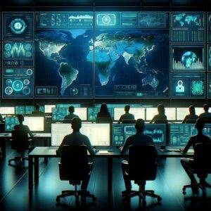 A futuristic cyber security operations center with diverse analysts working at their stations. The room is illuminated with blue and green lights, creating a high-tech ambiance. Multiple screens display data, including a world map highlighting cyber threat levels. The analysts, diverse in gender and ethnicity, are dressed in casual business attire, intently monitoring and discussing the data.