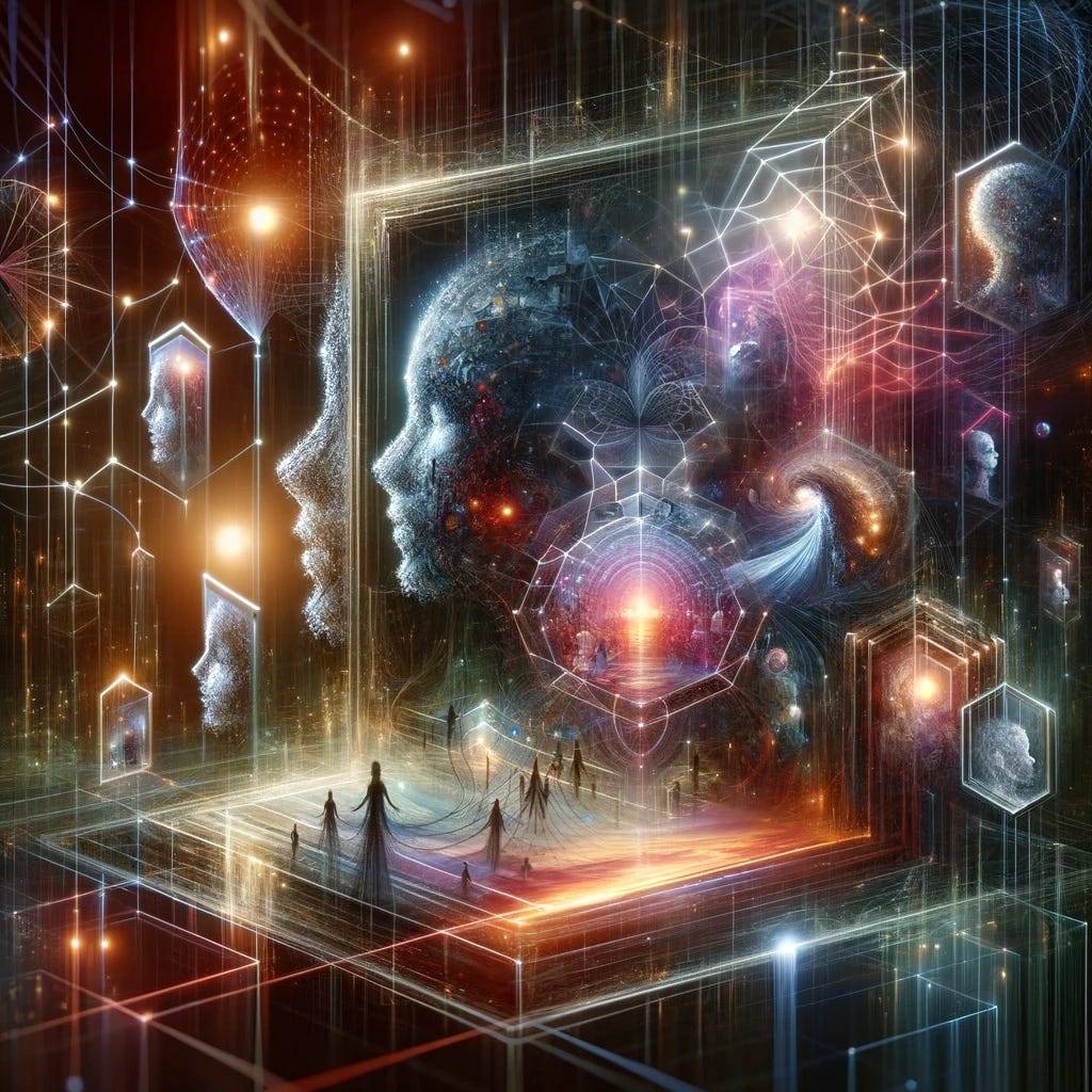 An artistic representation featuring fragmented selves mirrored and obscured by digital screens and masks, with ethereal connections of light linking figures against a backdrop of digital networks. The image embodies the complex interplay between individual identity and digital personas in a surreal landscape of deep colors and glowing lights.