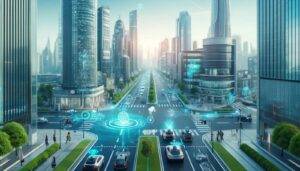 A vibrant futuristic city with self-driving cars navigating through traffic seamlessly. The cars are equipped with advanced AI technology, adapting to changing conditions and obstacles. The city features tall skyscrapers, green spaces, and people walking on the streets, representing a harmonious blend of technology and urban life.