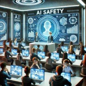 Students in a futuristic classroom equipped with interactive displays are learning about AI safety. The scene emphasizes the importance of educating the next generation on responsible and ethical AI development.