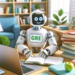 A friendly robot depicted as a student, sitting at a desk surrounded by GRE study materials, books, and a laptop. The robot is attentively reading a book, symbolizing the integration of AI in education. The setting is bright and welcoming, tailored for students.