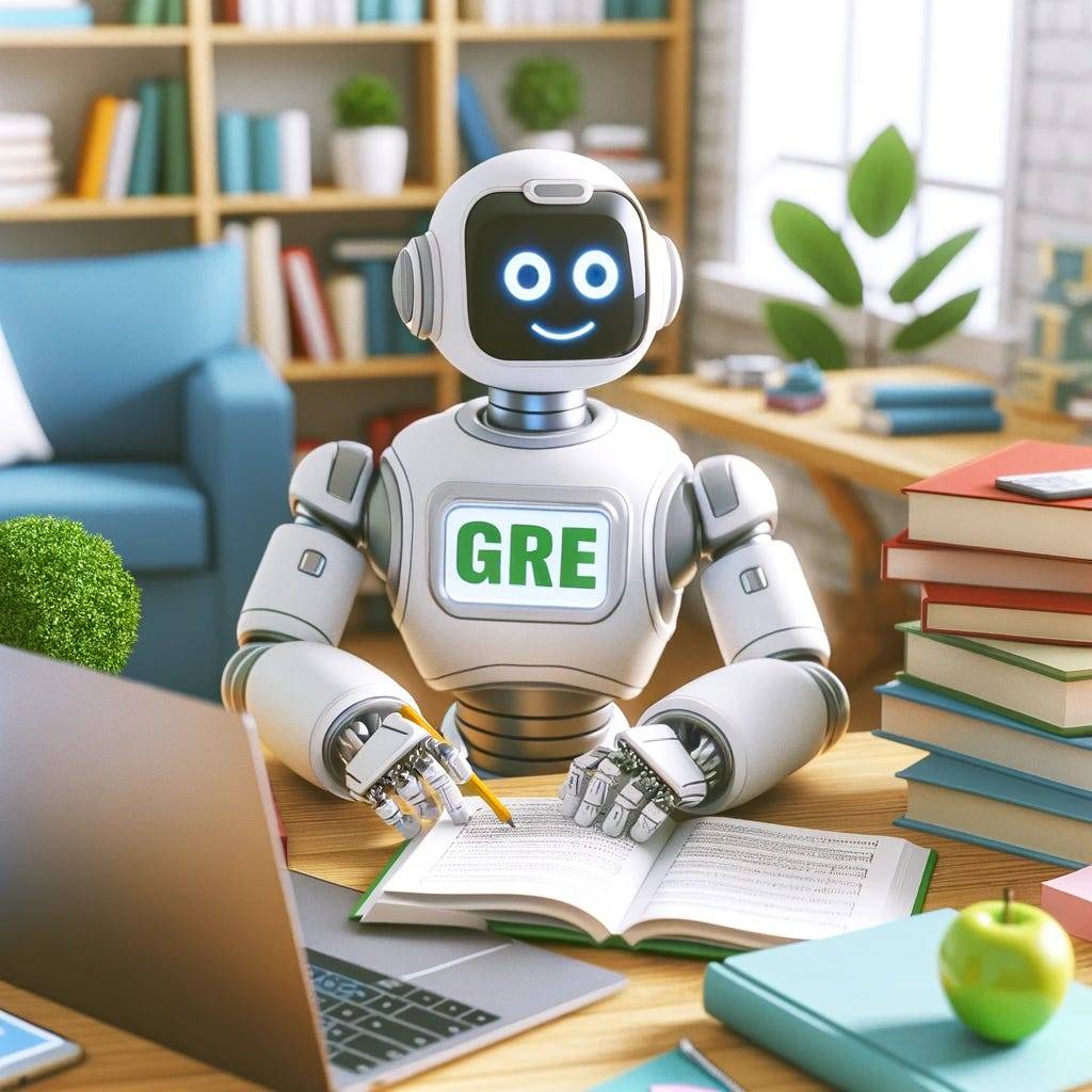 A friendly robot depicted as a student, sitting at a desk surrounded by GRE study materials, books, and a laptop. The robot is attentively reading a book, symbolizing the integration of AI in education. The setting is bright and welcoming, tailored for students.