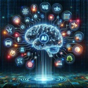 An illustration of a futuristic AI brain glowing with knowledge, connected by neon lines to various objects like cars, trees, animals, and houses around the globe. This network symbolizes the AI’s ability to learn and recognize a wide range of objects, mirroring the interconnectedness of our digital and physical worlds. The background pulses with digital codes, suggesting a seamless blend of AI intelligence with everyday life.