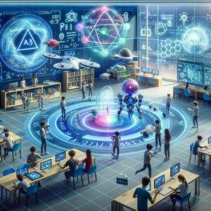 A dynamic and futuristic classroom scene where students are immersed in learning about multi-agent systems and game theory through cutting-edge interactive simulations. The room is equipped with holographic projections of algorithms and real-time simulations, where drones and robots navigate through complex scenarios. Students are actively participating, using tablets to manipulate the simulations, reflecting a modern and interactive approach to education in technology.