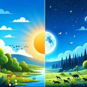 A peaceful landscape depicting the transition from day to night. The left side shows daytime with a bright sun, blue sky, and active wildlife, while the right side transitions to night with a moon, stars, and a tranquil environment. This illustration symbolizes the natural daily cycle of light and darkness affecting our circadian rhythm.