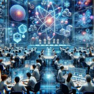 A futuristic scientific symposium where diverse researchers discuss quantum coherence and spectroscopy. Large digital screens display dynamic molecular models and data visualizations. The participants, dressed in modern lab attire, are deeply engaged in exchanging groundbreaking ideas. The scene is vibrant and intellectually stimulating, with holographic displays and cutting-edge technology enhancing the ambiance.