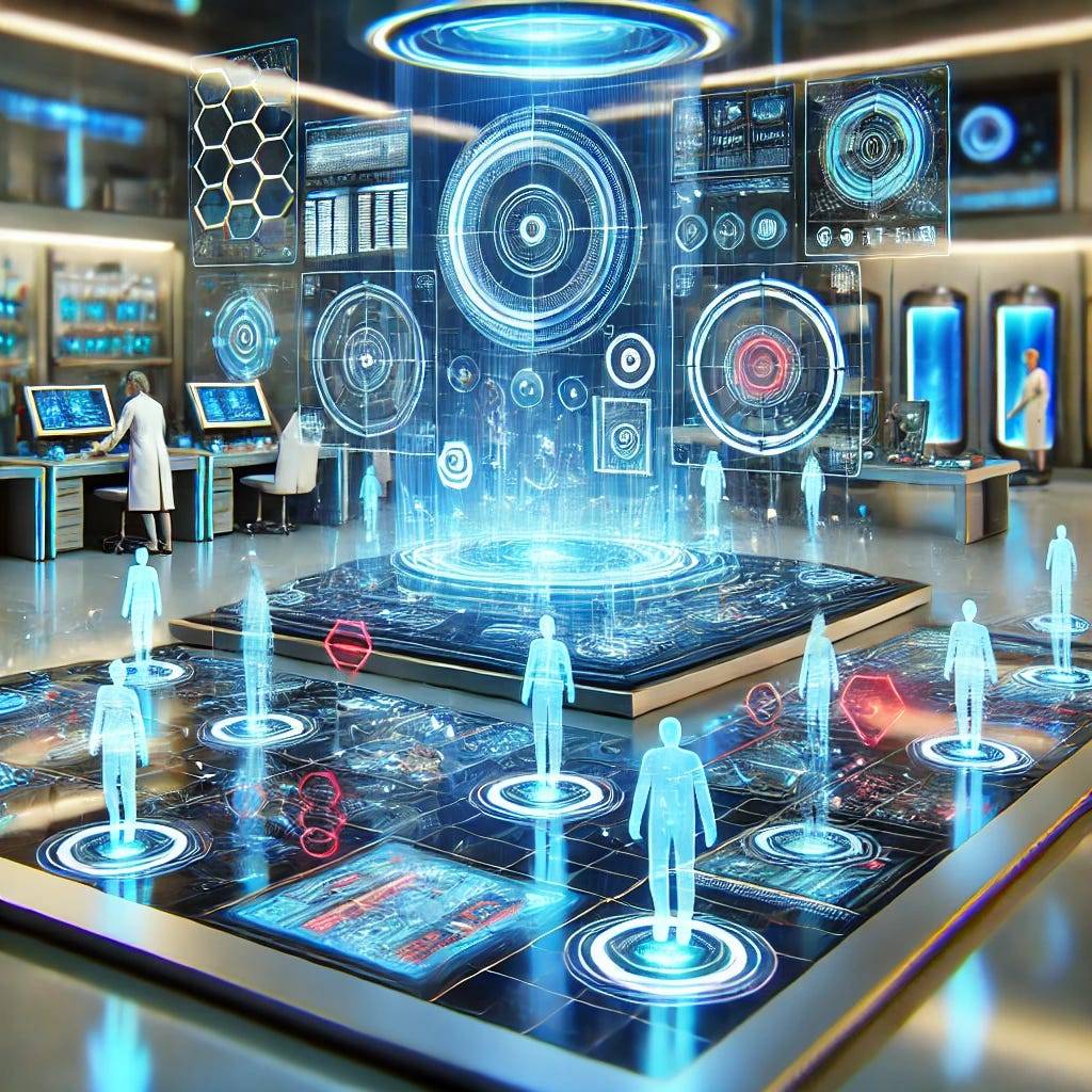 A futuristic and vibrant scene showcasing advanced computer vision technology in action. The setting includes multiple screens and holograms displaying object detection processes, with various objects being highlighted in real-time. The background features a high-tech lab environment with sleek, modern equipment and soft blue lighting, giving the scene a cutting-edge and innovative atmosphere. The overall mood is one of sophistication and technological prowess, reflecting the advance.