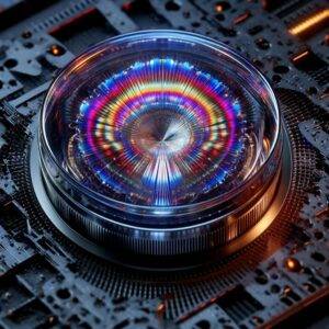Close-up view of a spatial light modulator device displaying various colorful, intricate light patterns. The device modulates light with high precision, set against a dark background to emphasize the complex interactions and vibrant colors of the light patterns.
