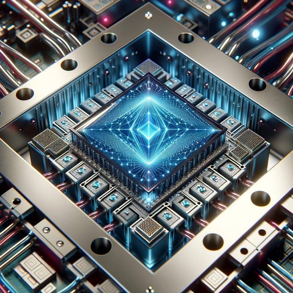 A detailed image of a state-of-the-art quantum computer in a modern laboratory setting, featuring a prominently displayed diamond-shaped circuit. The quantum computer is surrounded by advanced technological equipment, highlighting the intricate and cutting-edge nature of quantum computing research.