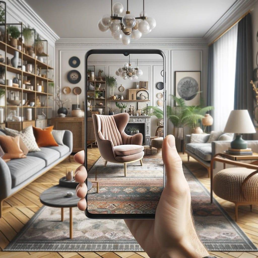 The image captures a serene living room bathed in soft, natural light, showcasing a blend of vintage and contemporary furniture. A person is visible in the foreground, holding a smartphone. Through the phone’s screen, an augmented reality (AR) overlay is evident, displaying a Scandinavian armchair that appears as if it’s actually part of the room. This seamless integration of virtual furniture into the real environment beautifully illustrates the revolutionary impact of AR in interior design.