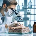 An image of a scientist in a white lab coat, intently examining a skin sample under a microscope in a well-equipped laboratory. The laboratory is modern and filled with scientific instruments, showcasing the meticulous research into skin aging and nonenal production. The scientist’s focused expression reflects the dedication and importance of scientific research in understanding and addressing the effects of aging on the skin.